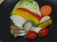 ①の野菜を手前：低く-奥：高く並べます。野菜と野菜の間に大きがくぼみができないように、また野菜の角が上を向かないように並べます。根菜類は軽く下茹でしてもOK。